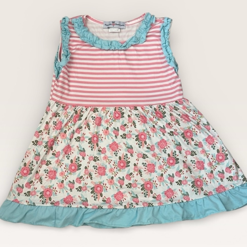 Adorable Sweetness Girls 7 Pink and Blue Striped Floral sleeveless Dress